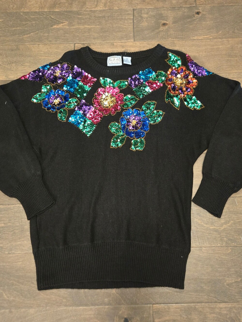 Vintage Womens Size Medium Vis-A-Vis Beaded Sweater, Black, Excellnt Conditio